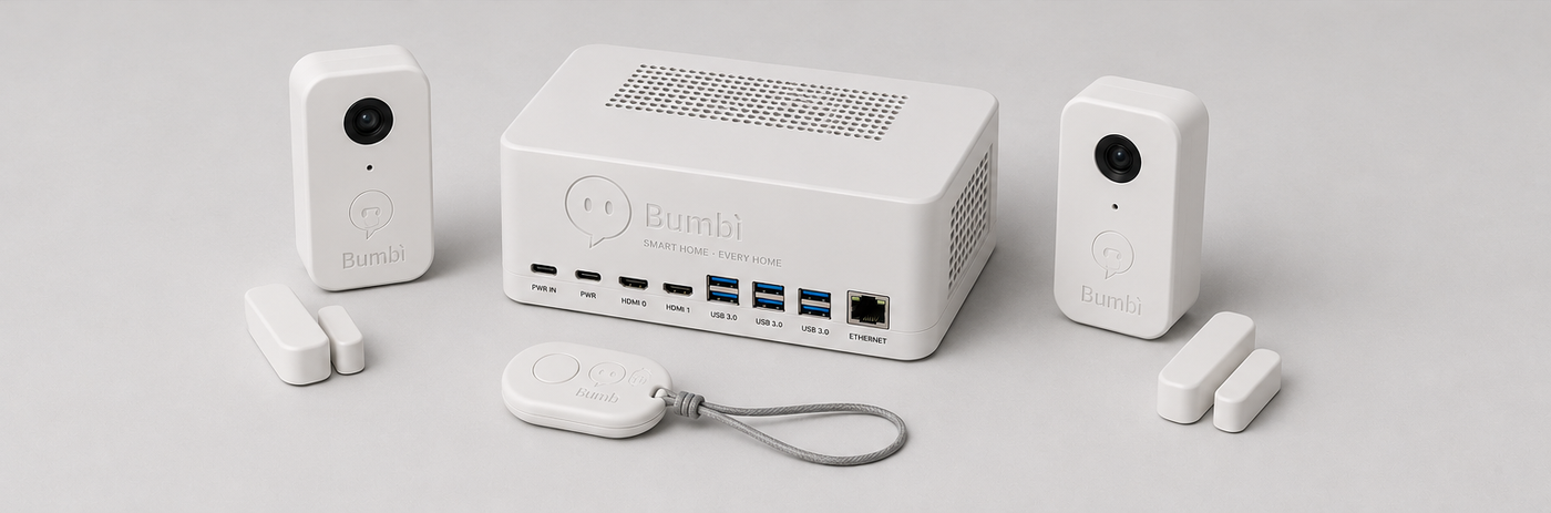 Il sistema Bumbì completo: hub, telecamere, sensori e telecomando